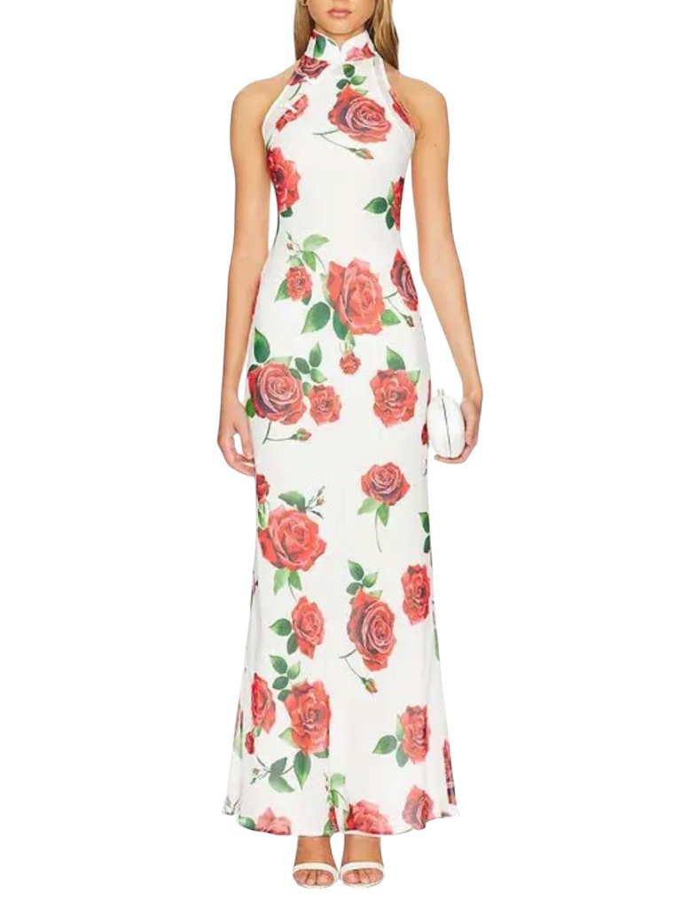 Sau Lee Gladys Rose Print Halter Maxi Dress Nwt White Red Us 6